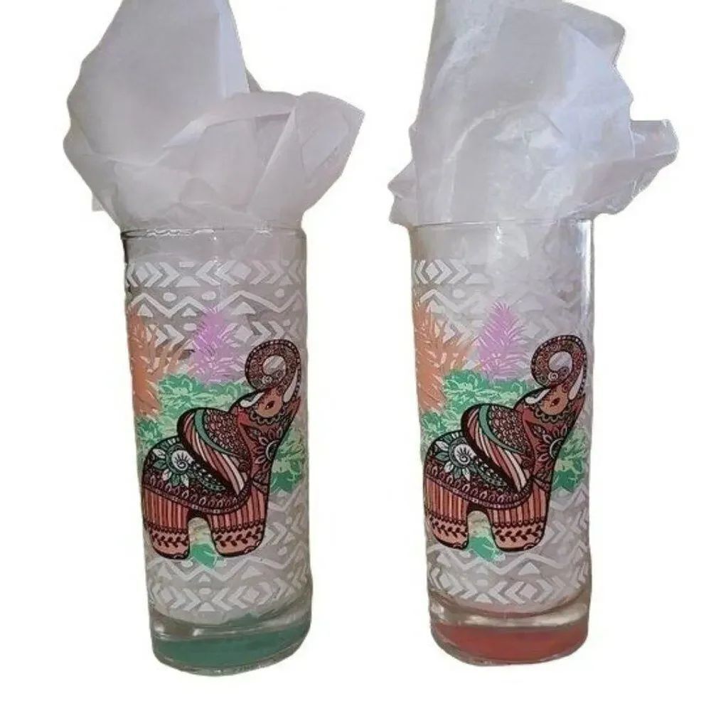 Artisan Kitchen Drinkware, Slim Bohemian Elephant Drinking Glass Tumblers, 2 ct